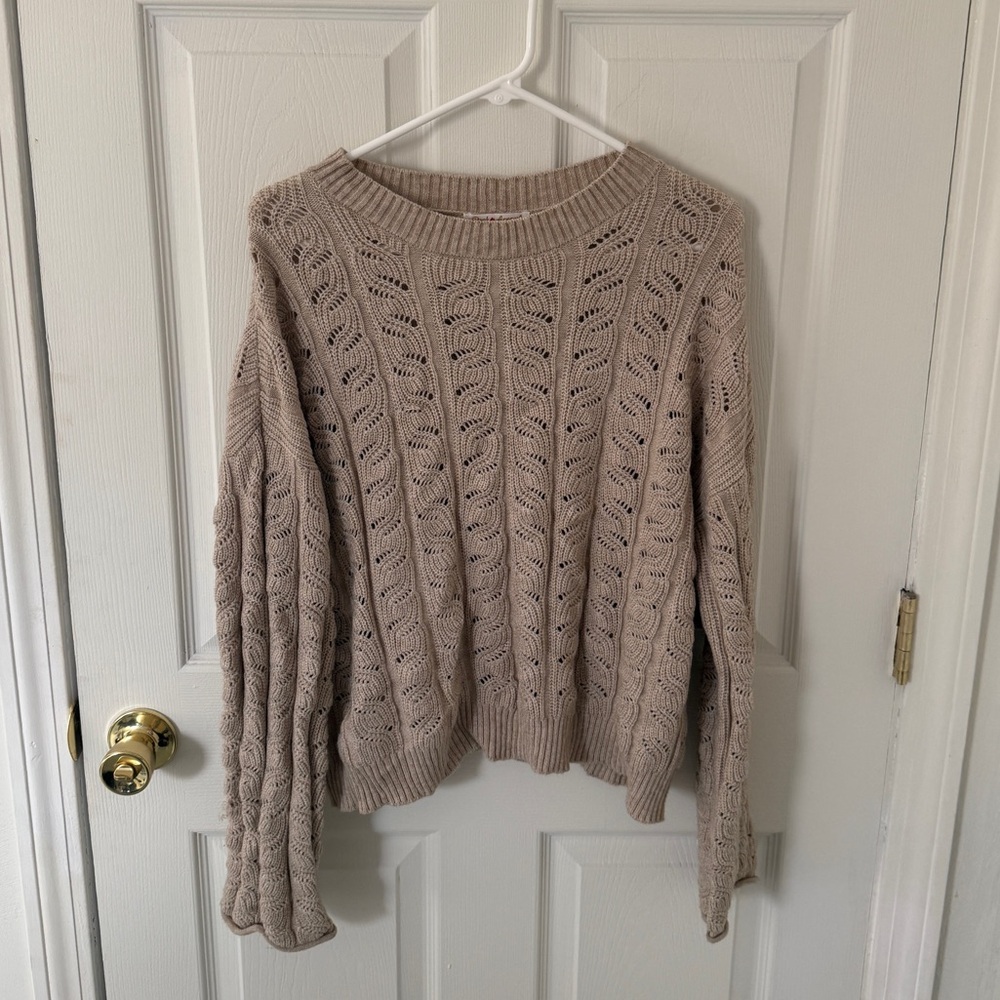 Poof Apparel Tan Open Knit Oversized Sweater Large